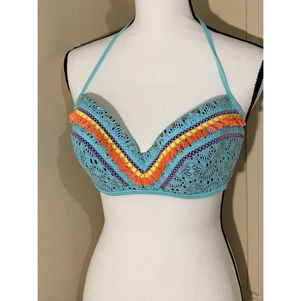 Shade and Shore Bikini Top 38C Green Orange Fringe Trim Underwire Padded
